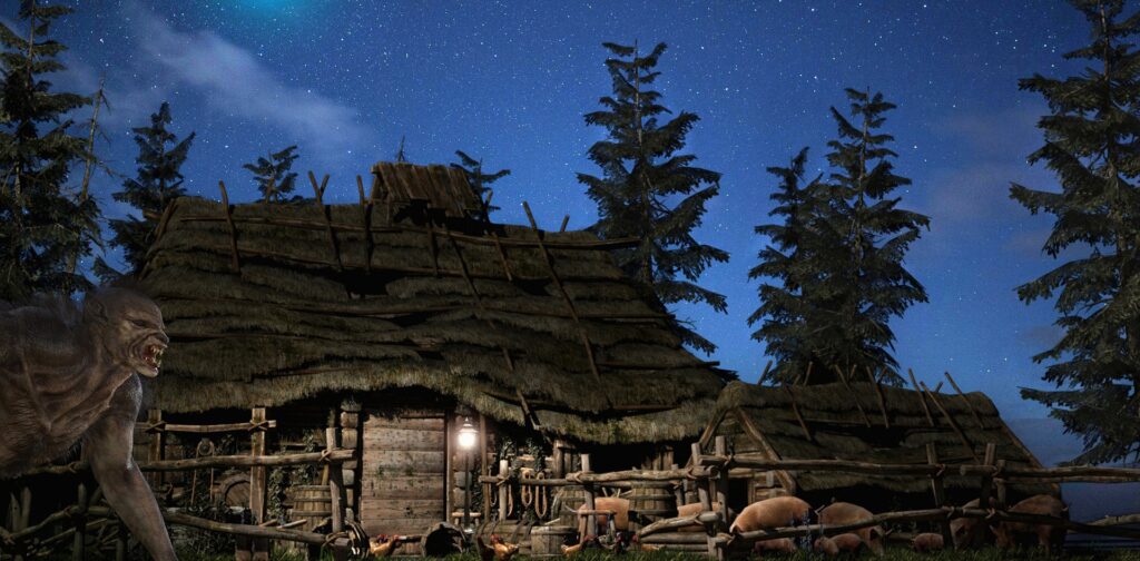 Zu sehen ist eine Holzhütte tief im Wald bei Nacht. Der Mond scheint hell. Links im Bild geht ein Chupacabra auf zwei Beinen ins Bild.