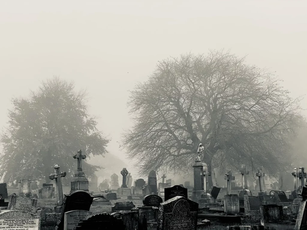 Schwarz Weiss Bild eines düsteren Friedhofes. Es sind viele tw. auch schiefe Grabkreuze zu sehen. Im Hintergrund stehen riesige blattloseBäume. Nebel liegt über der Szenerie.