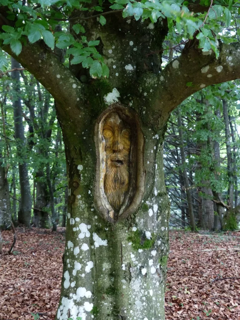 Der Waldschrat in eine Baumstamm geschnitzt.